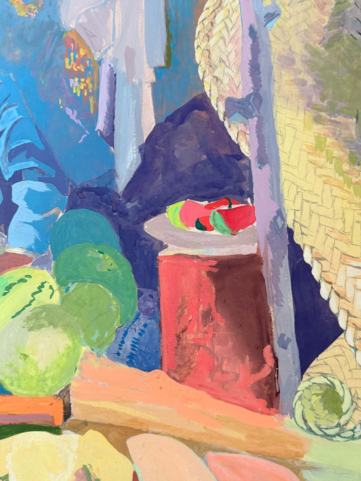 Vendeur de pastèques au marché marocain, gouache moderniste française, années 1950 photo vintage