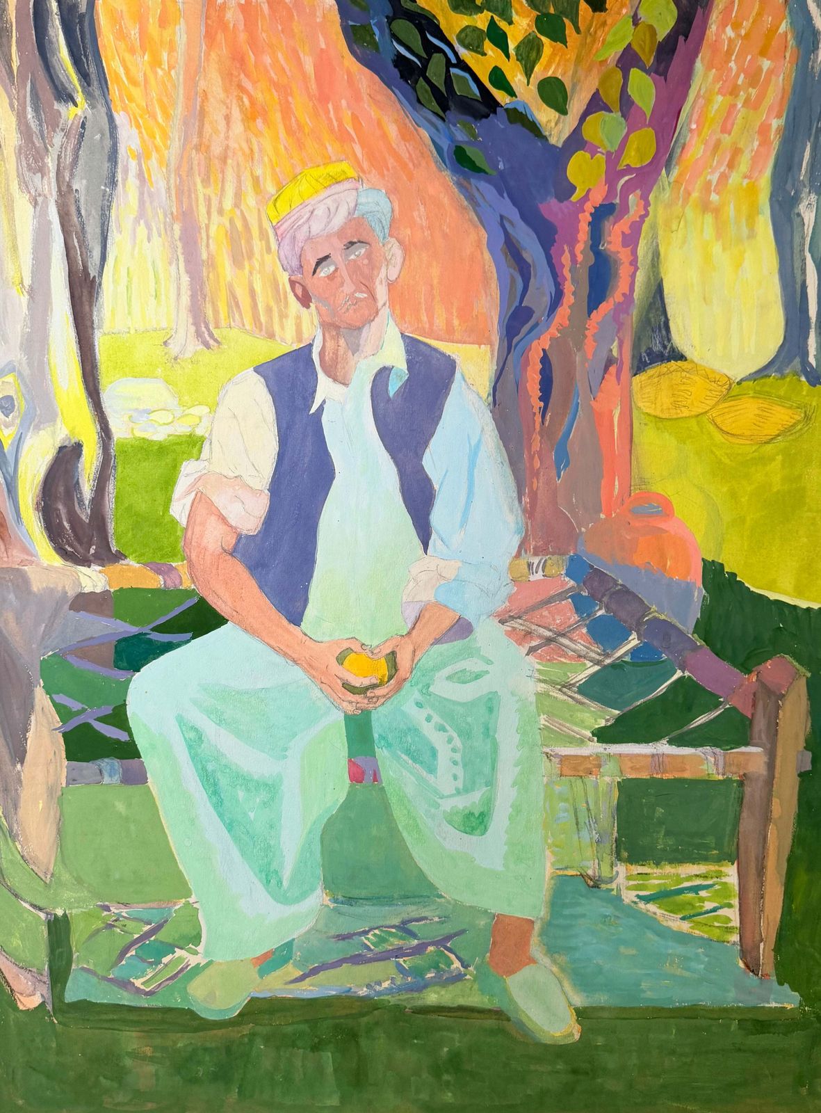 Homme marocain assis dans un jardin coloré, gouache moderniste française