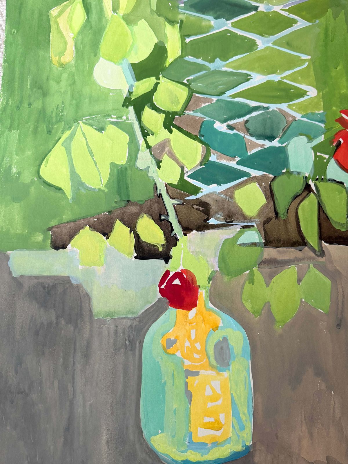 Roses rouges dans un vase dans un jardin lumineux, nature morte française à la gouache, années 1950 photo vinterior