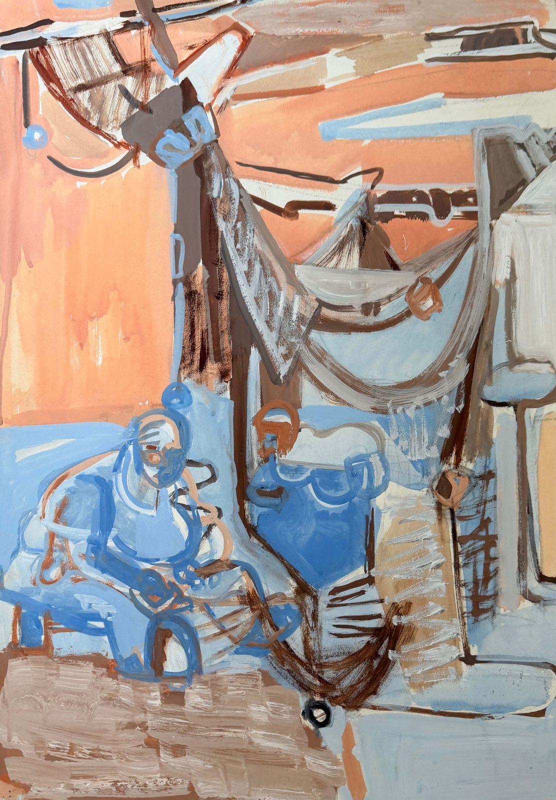Figure cubiste dans un marché abstrait, gouache moderniste française, années 1950