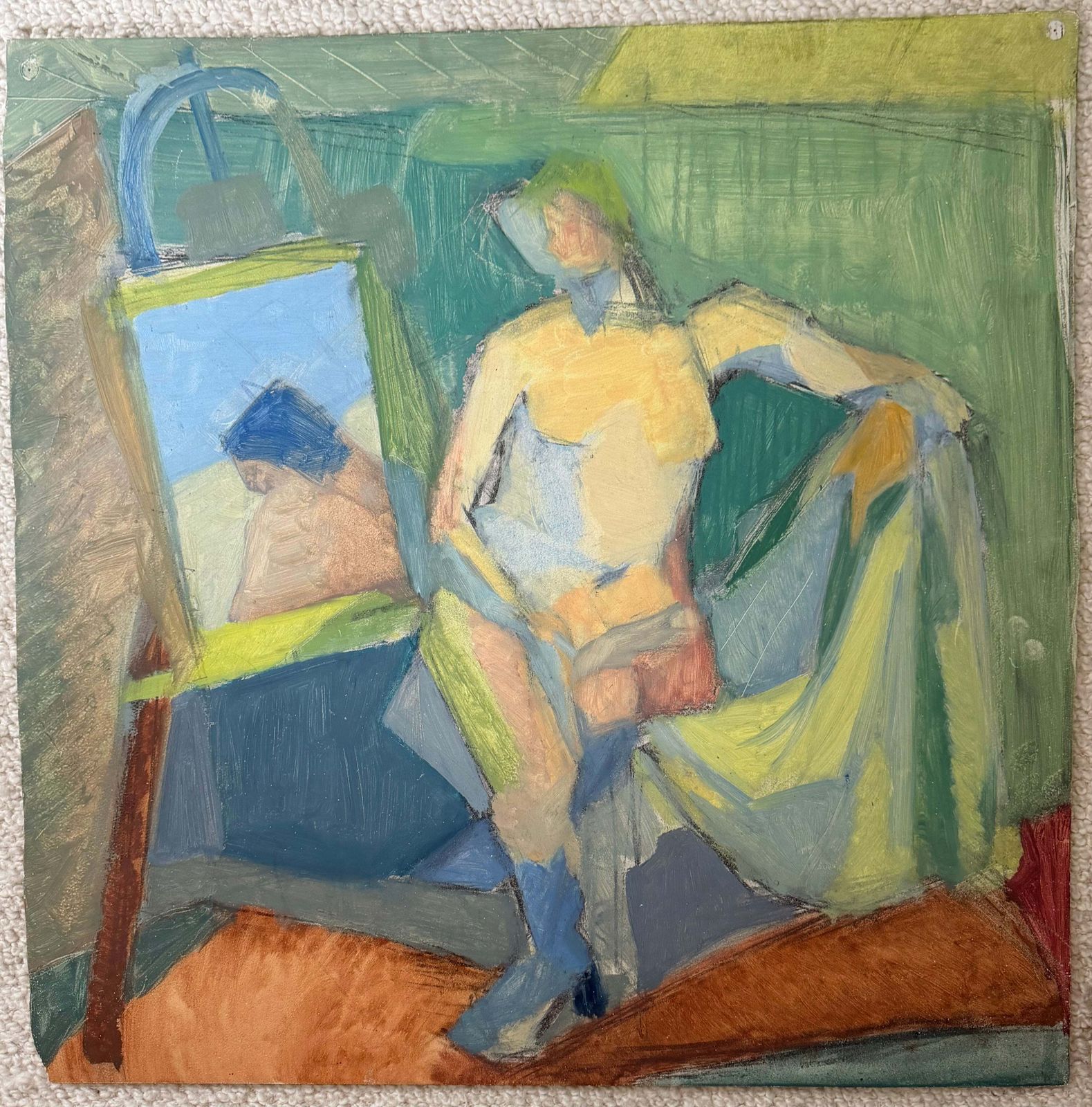 Nu féminin assis dans un intérieur lumineux, peinture moderniste cubiste française à l'huile photo furniture