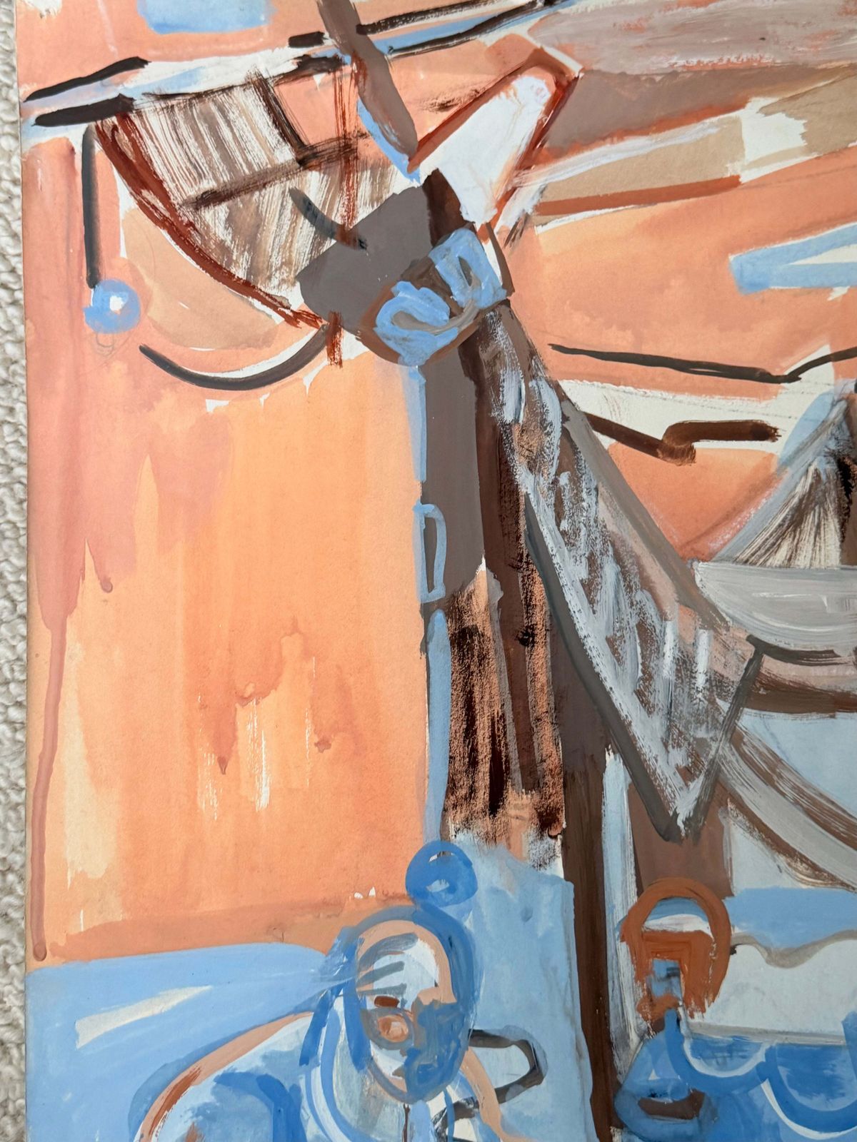 Cubist Figure In Abstract Market French 1950's Modernist Gouache Painting photo Art