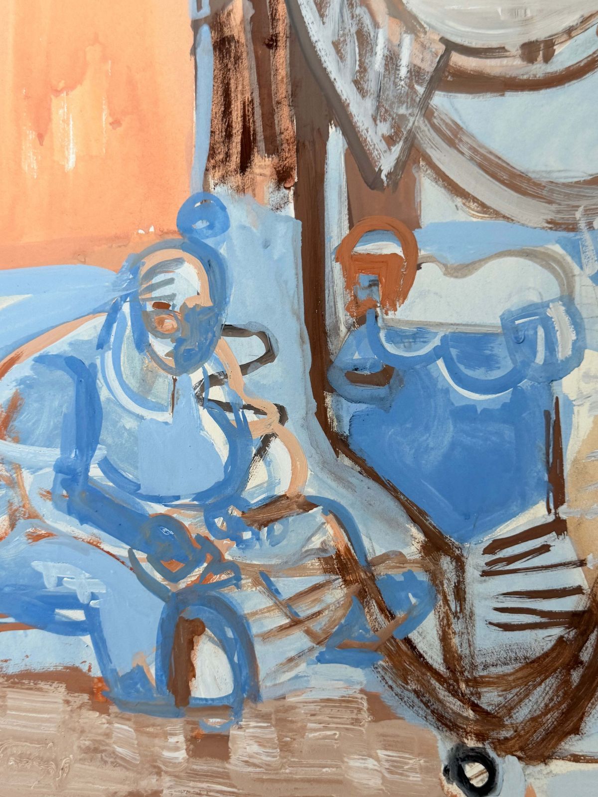Figure cubiste dans un marché abstrait, gouache moderniste française, années 1950 photo vintage