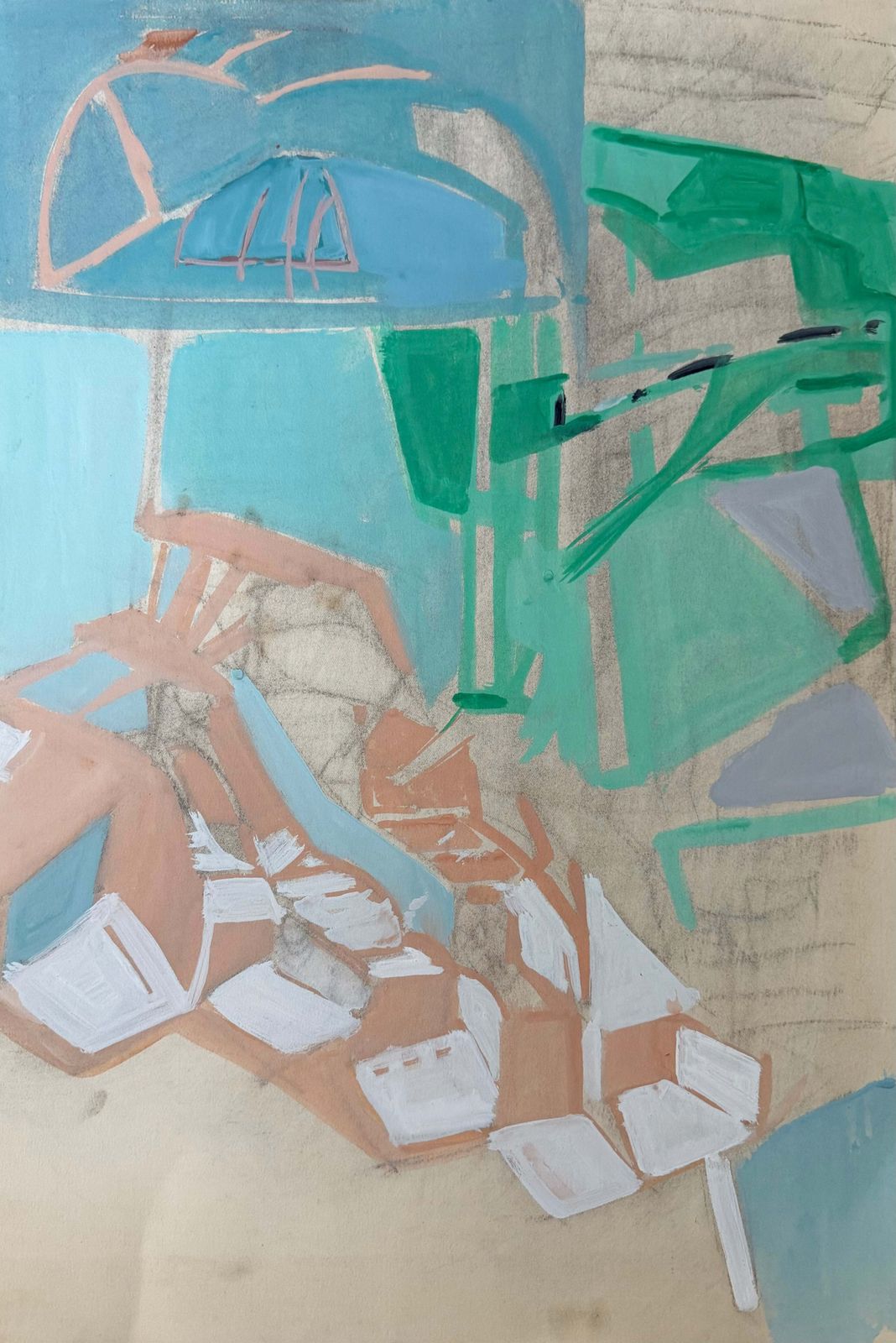 Intérieur abstrait en turquoise et vert, peinture moderniste cubiste française, années 1950