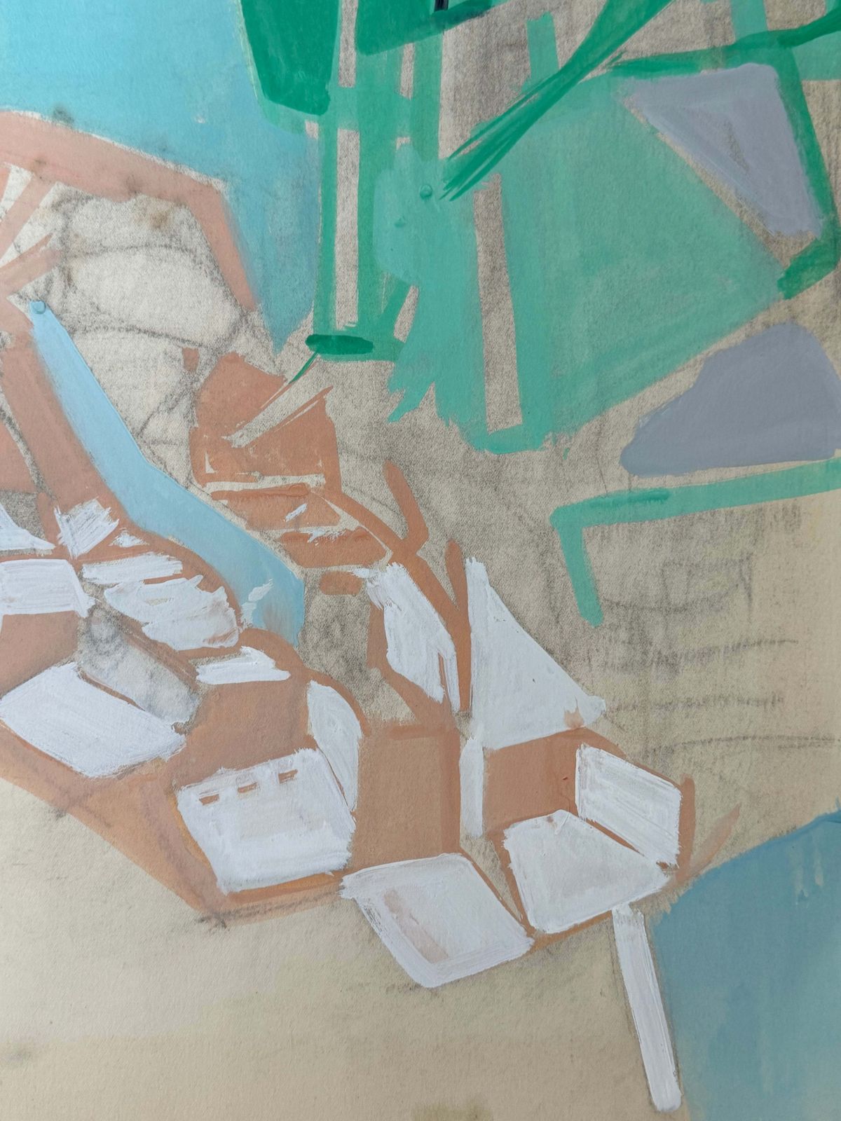Abstract Interior In Turquoise & Green French 1950's Modernist Cubist Painting photo Art