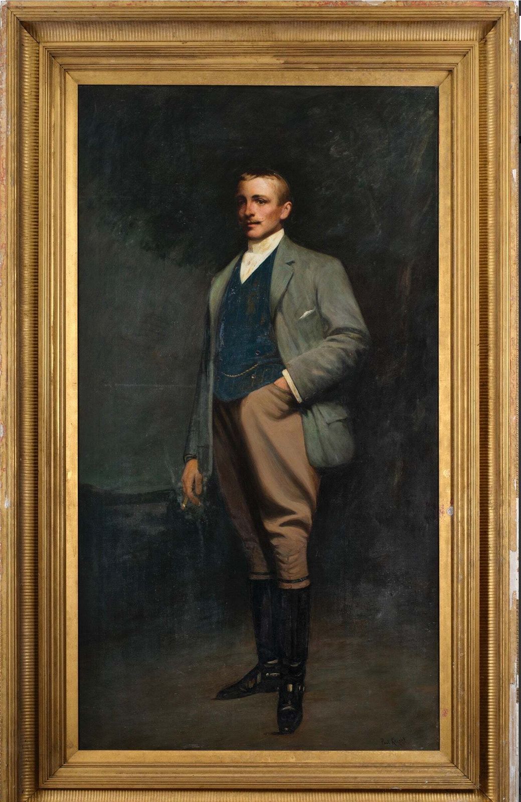 Enormous Portrait Elegant 1900's Gentleman In Riding Dress British Oil Painting