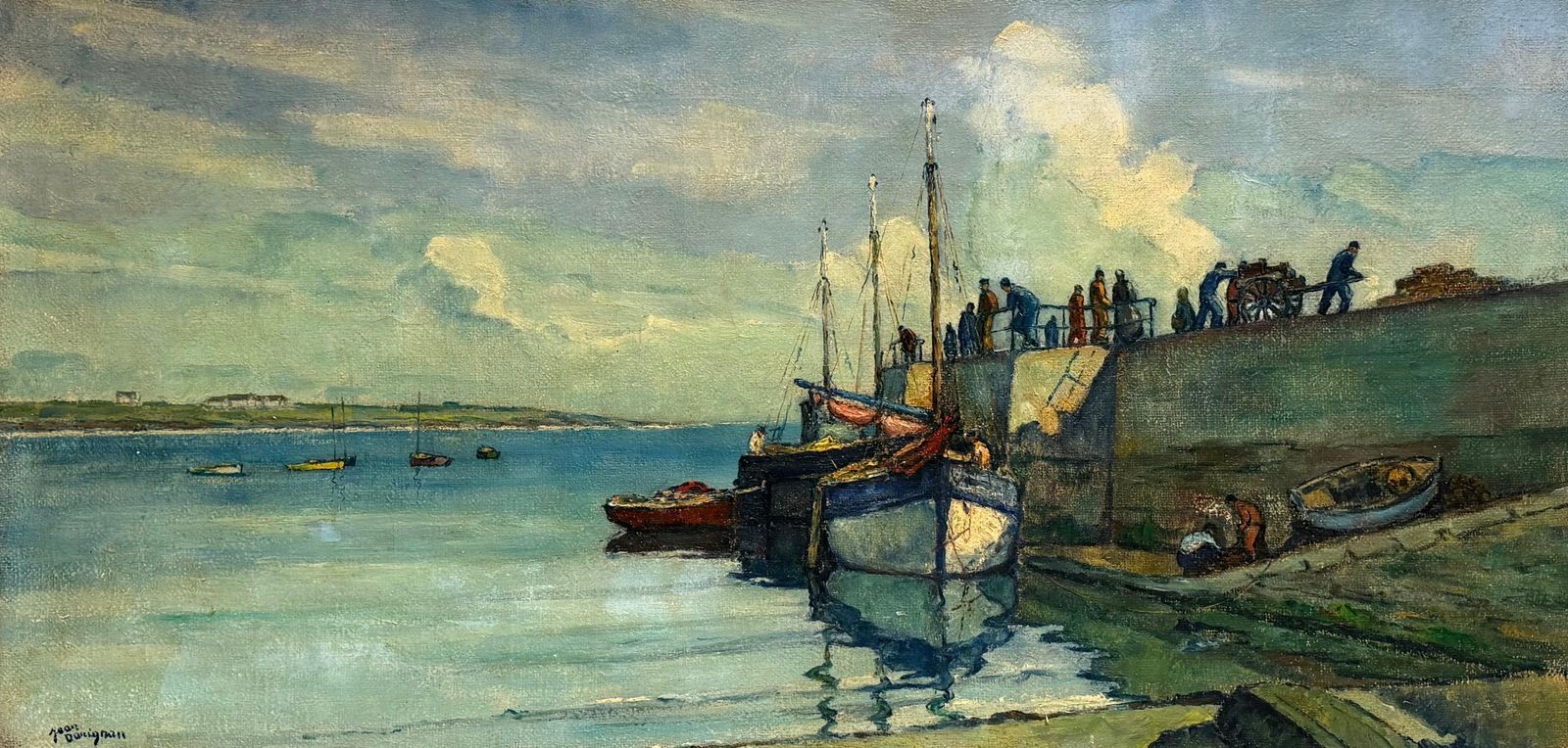 Tranquil Boats In Harbor With Figures French Coastal Landscape Oil Painting photo furniture