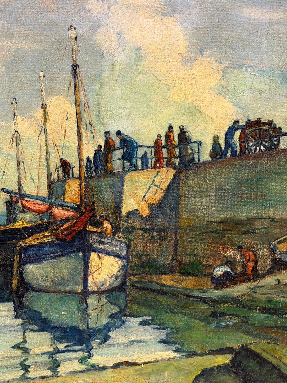 photo for sale Bateaux dans un port avec personnages, paysage côtier français - peinture à l'huile