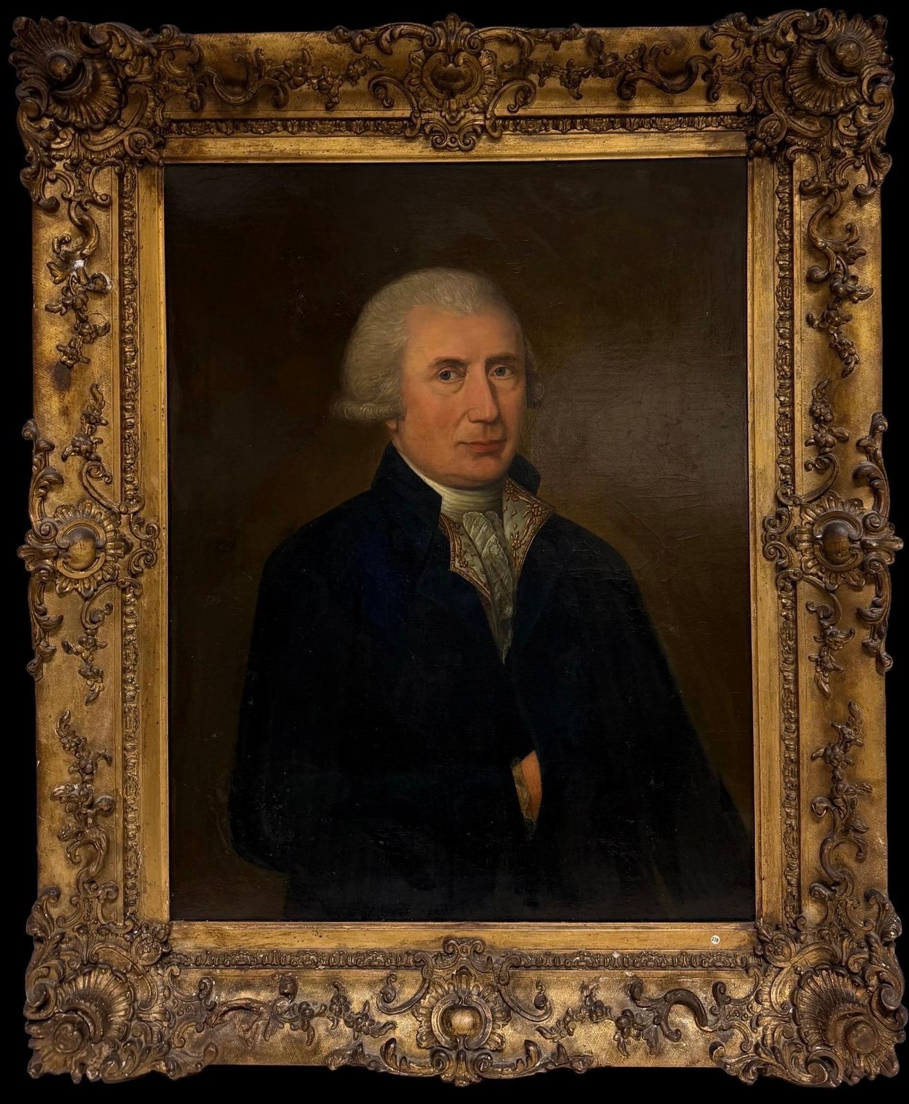 Portrait d'un gentilhomme en redingote bleue, école anglaise du XVIIIe siècle, peinture à l'huile