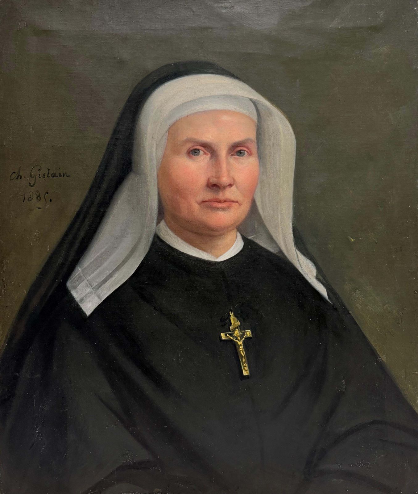 Portrait d'époque d'une religieuse française au crucifix, huile sur toile, daté 1885