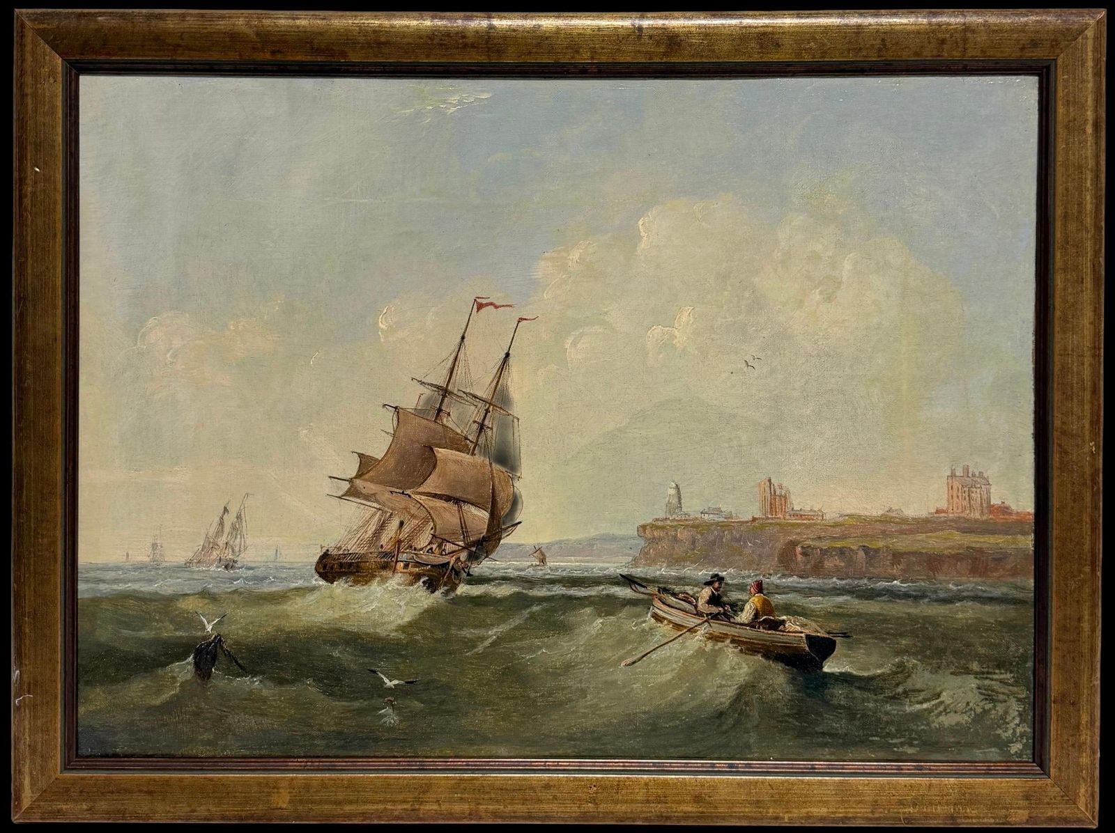 Peinture marine britannique du XIXe siècle, voiliers au large de Tynemouth Priory & Castle photo furniture