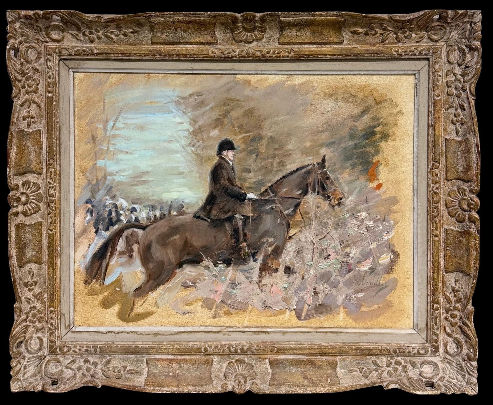 Chasseur à cheval avec une meute, école britannique du XXe siècle, peinture de sport équestre à l'huile