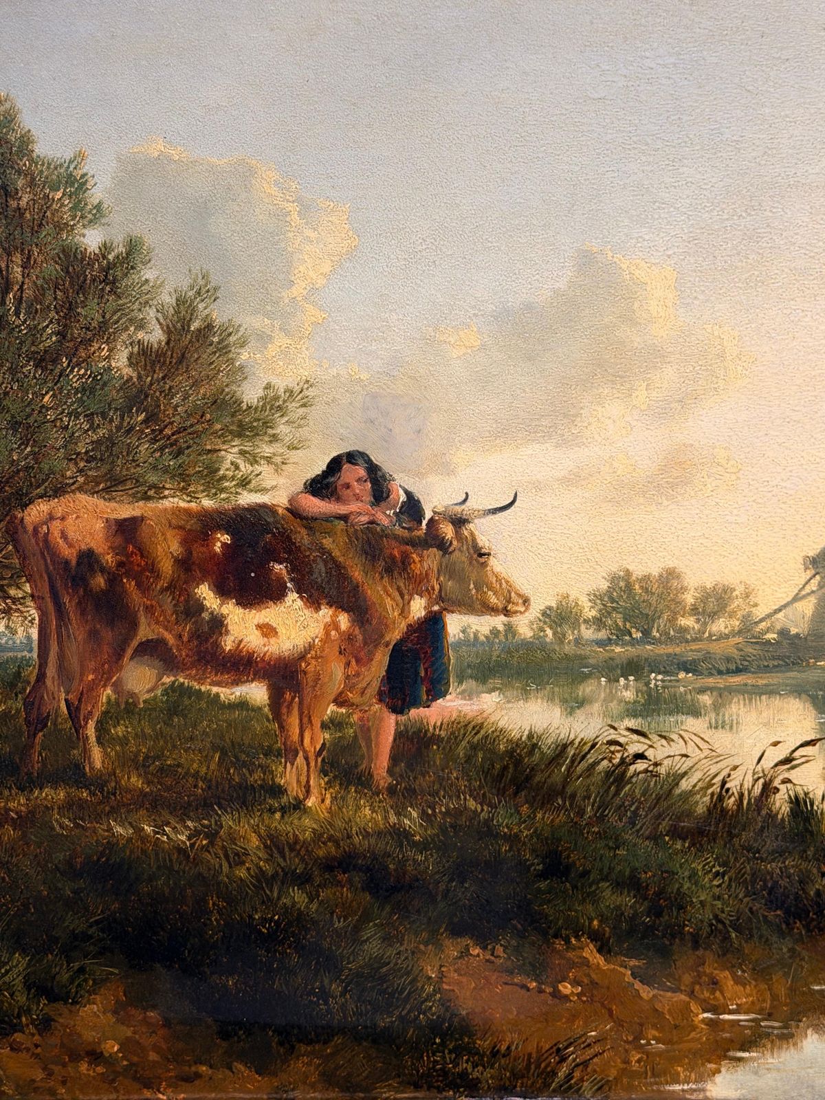 Paysage victorien britannique, bétail et jeune fille au bord d'un étang, coucher de soleil doré photo Art