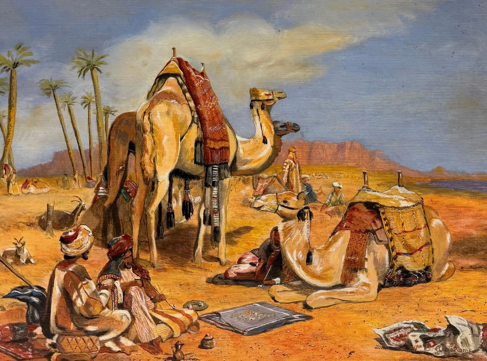 Arabes et chameaux dans un désert sous un ciel bleu nuageux, peinture orientaliste à l'huile photo furniture