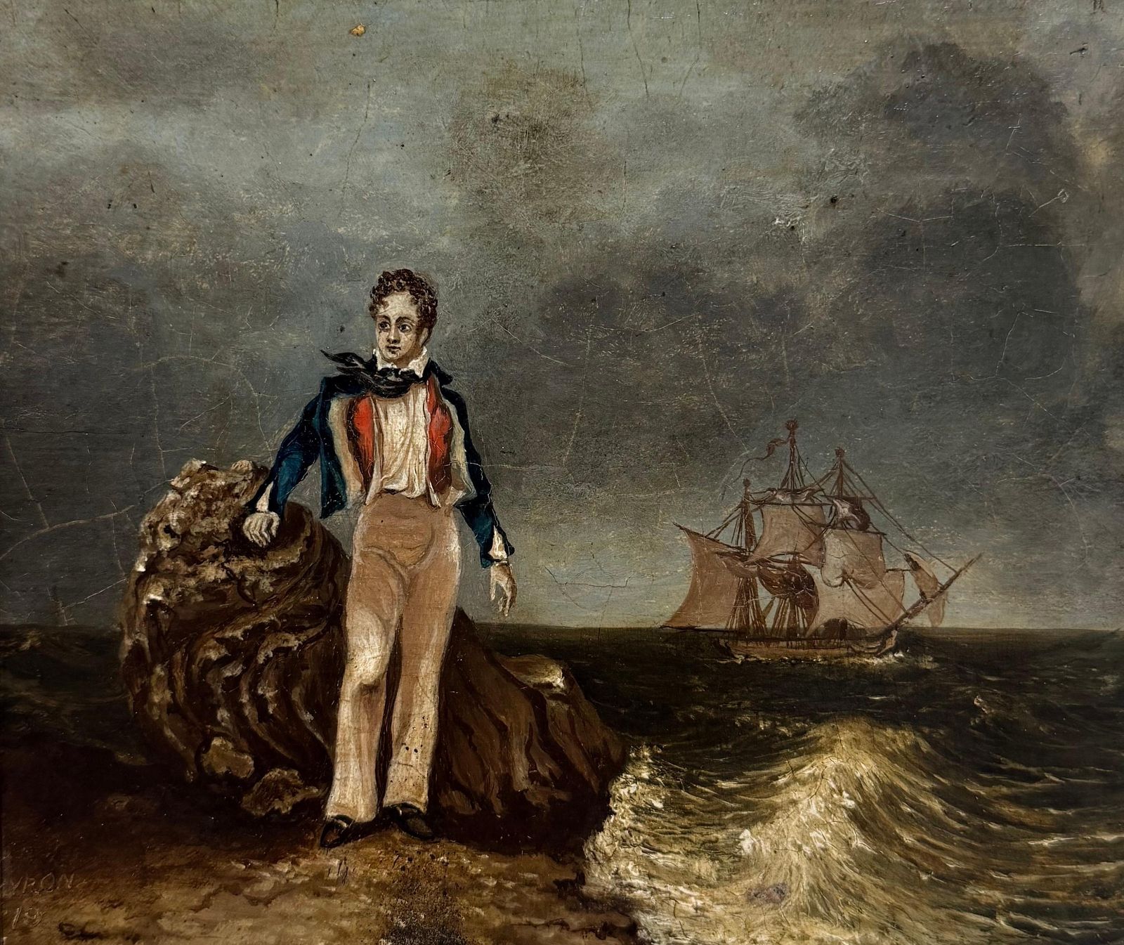 Lord Byron Standing On The Shore With Sailing Ship At Sea Antique Oil Painting photo furniture