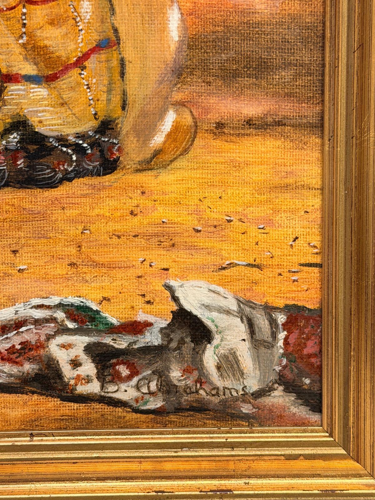 Arabes et chameaux dans un désert sous un ciel bleu nuageux, peinture orientaliste à l'huile photo vinterior