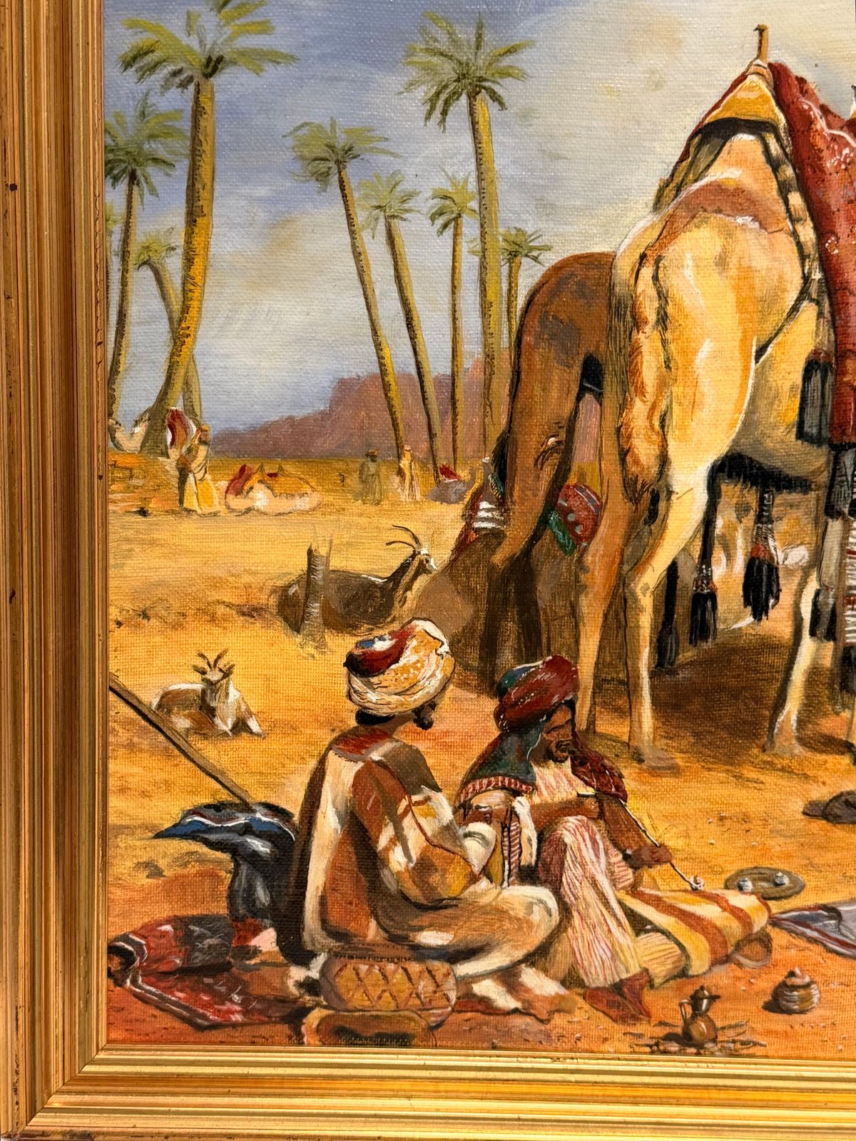 photo vinterior Arabes et chameaux dans un désert sous un ciel bleu nuageux, peinture orientaliste à l'huile