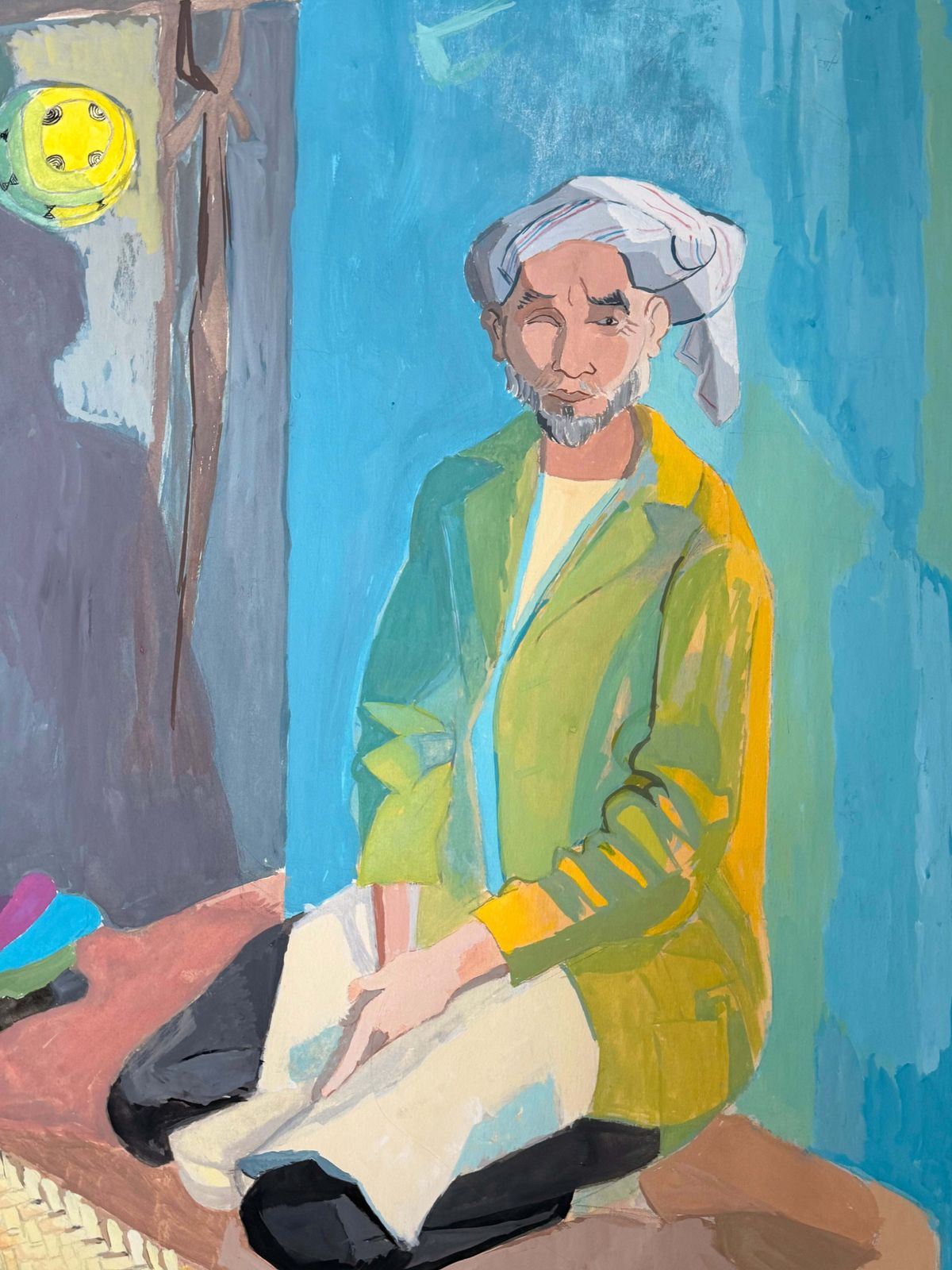 Homme marocain agenouillé, gouache figurative moderniste française mid-century photo for sale