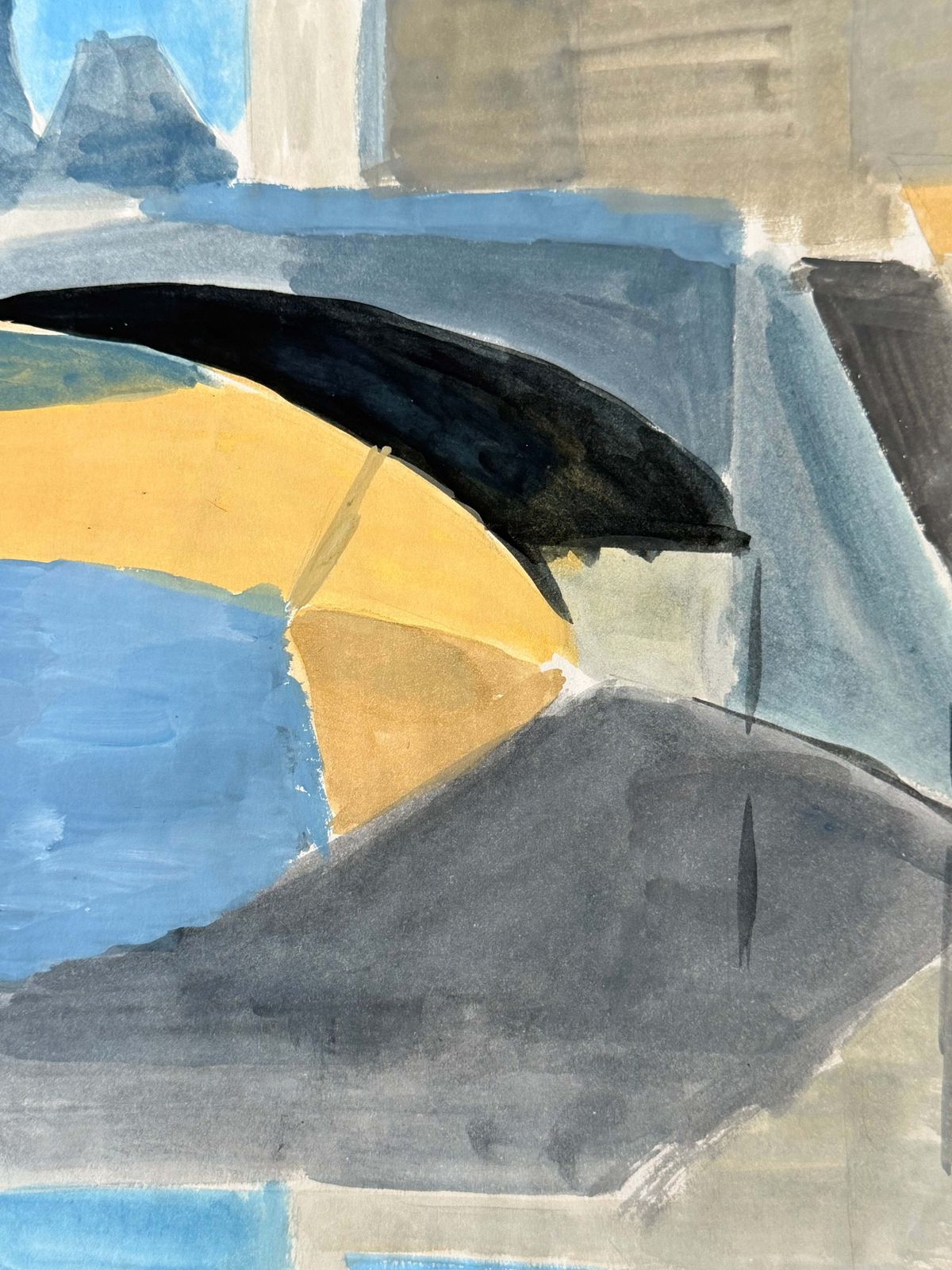 Paysage cubiste français, années 1950, gouache représentant une rivière, un pont et des bâtiments urbains photo for sale
