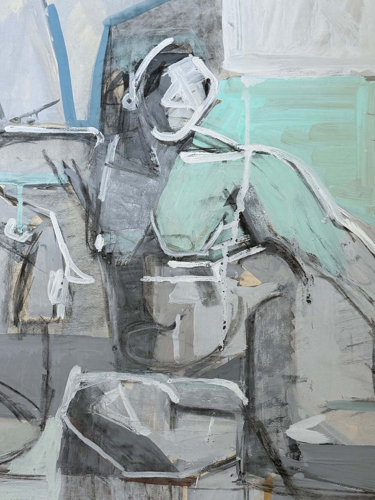 Turquoise Cubist Seated Female Figure French Modernist Gouache Painting photo for sale