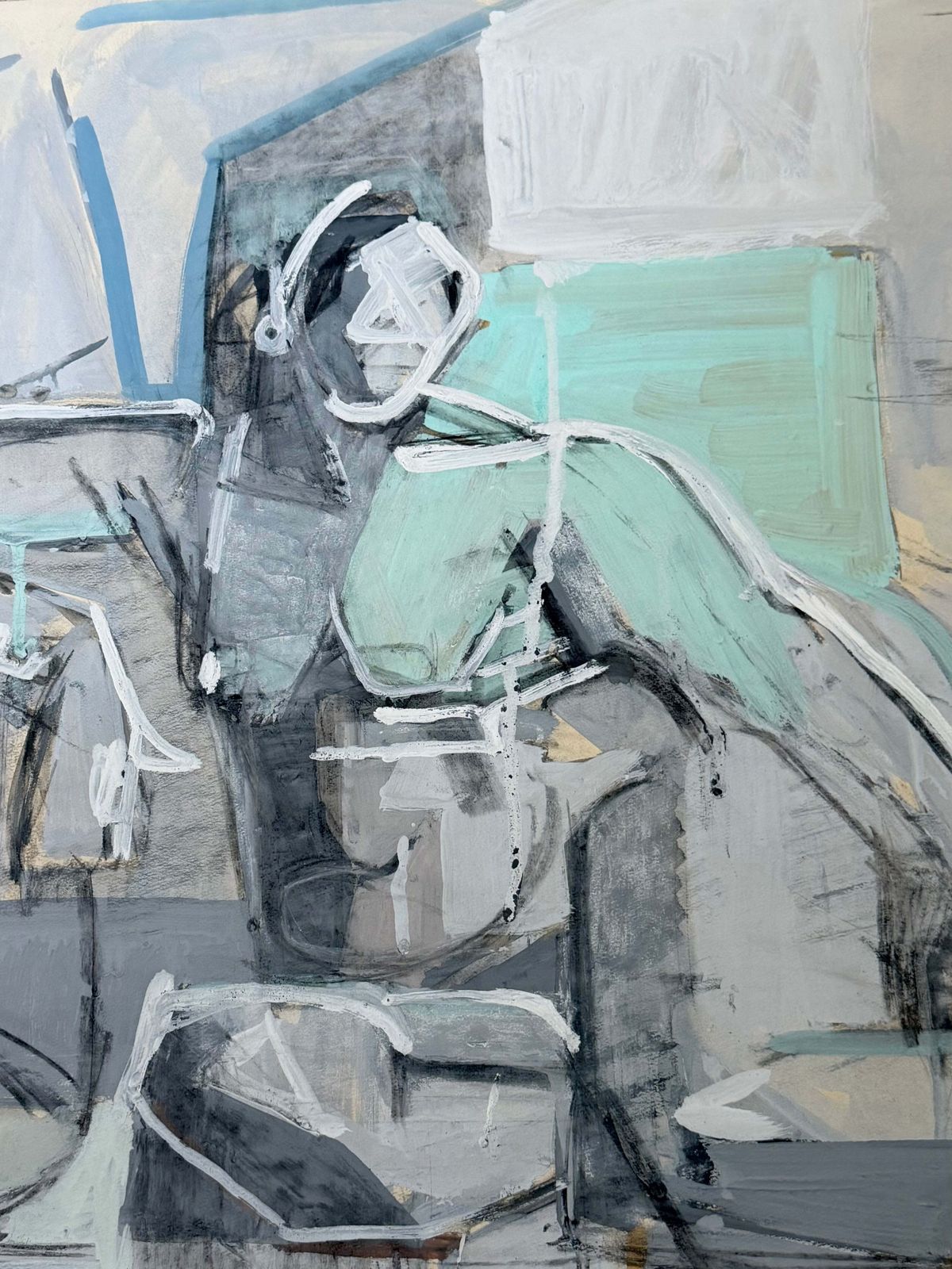 Turquoise Cubist Seated Female Figure French Modernist Gouache Painting photo 632.0