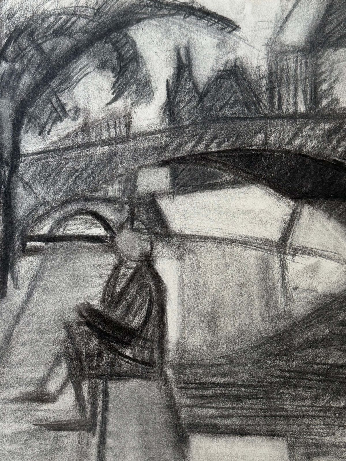 Personnage près d'un pont sur la Seine, Paris, dessin au fusain cubiste, années 1950 photo Art