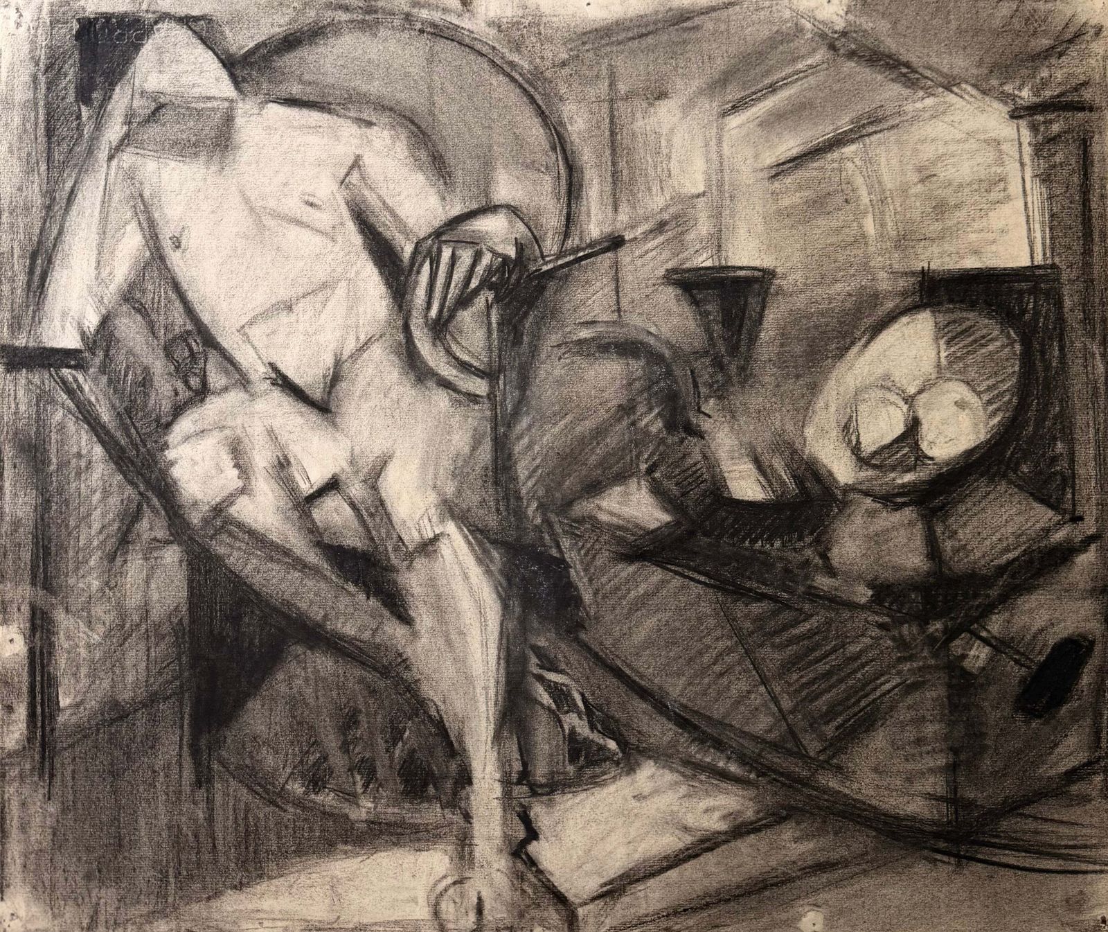 Cubist Reclining Male Nude In An Interior French Modernist Charcoal Drawing