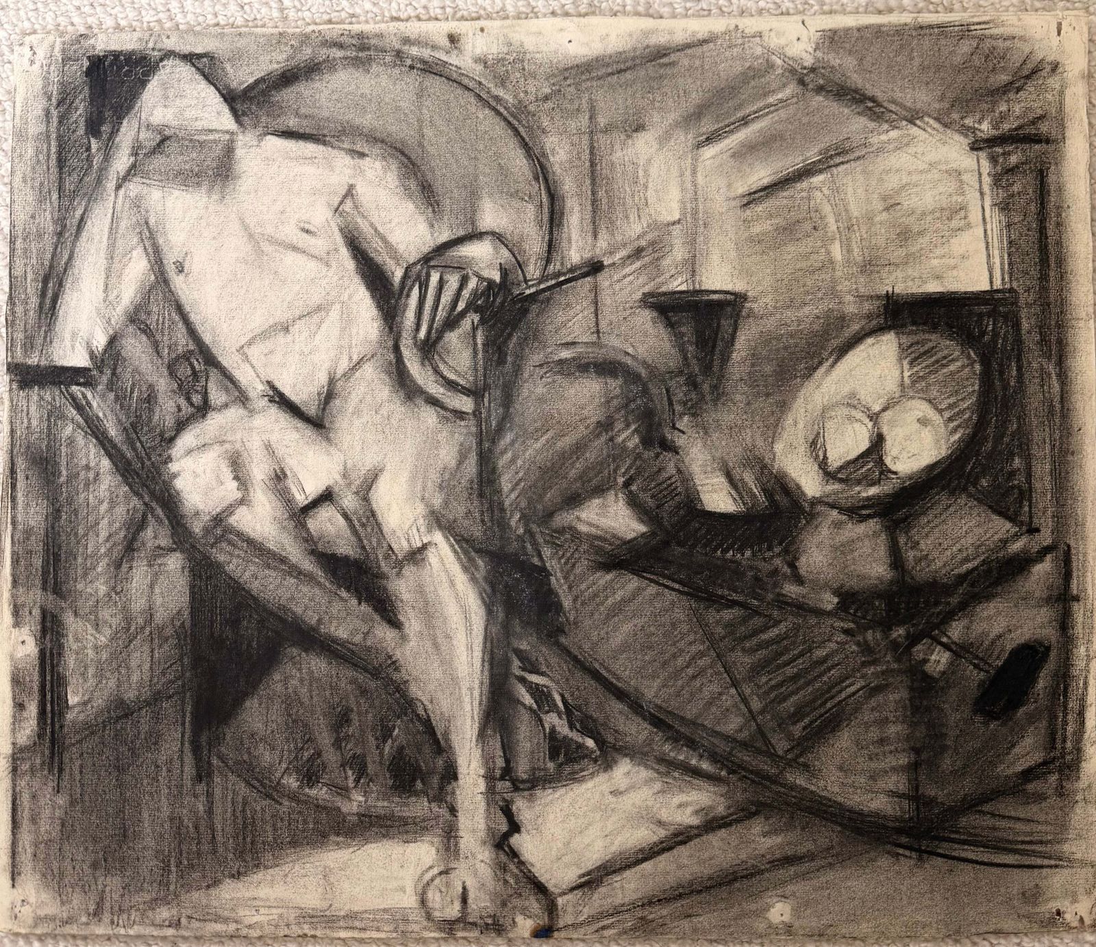 Cubist Reclining Male Nude In An Interior French Modernist Charcoal Drawing photo furniture
