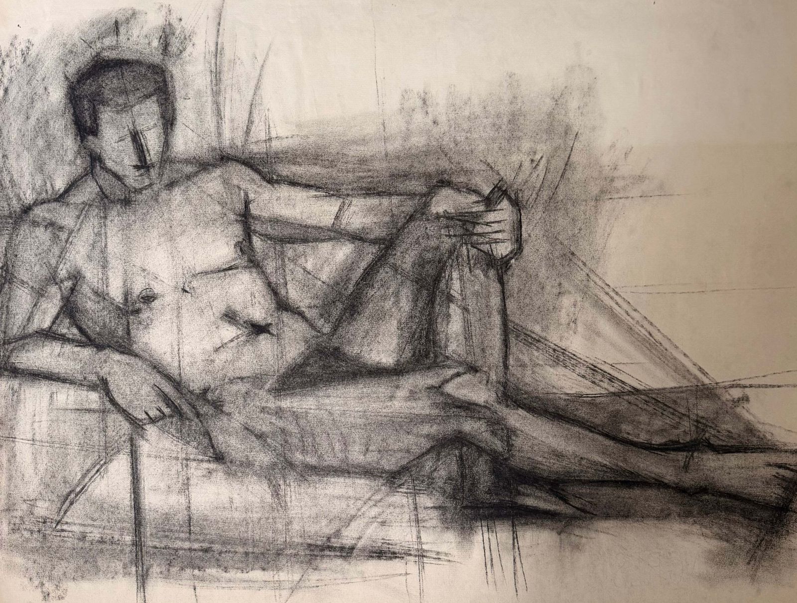 Étude de nu masculin allongé, dessin au fusain moderniste français, XXe siècle