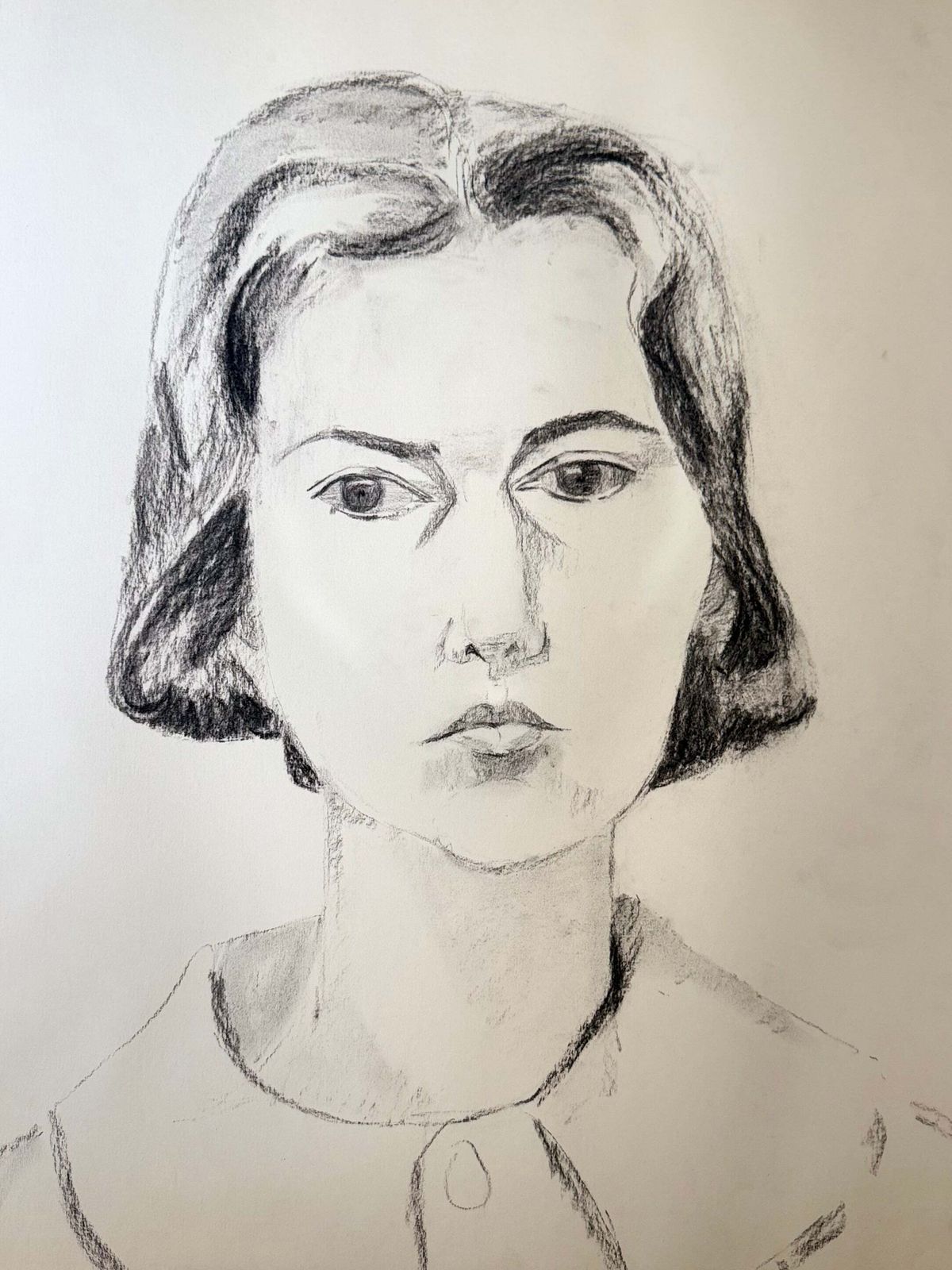 Étude de portrait féminin moderniste française, fusain et crayon, XXe siècle