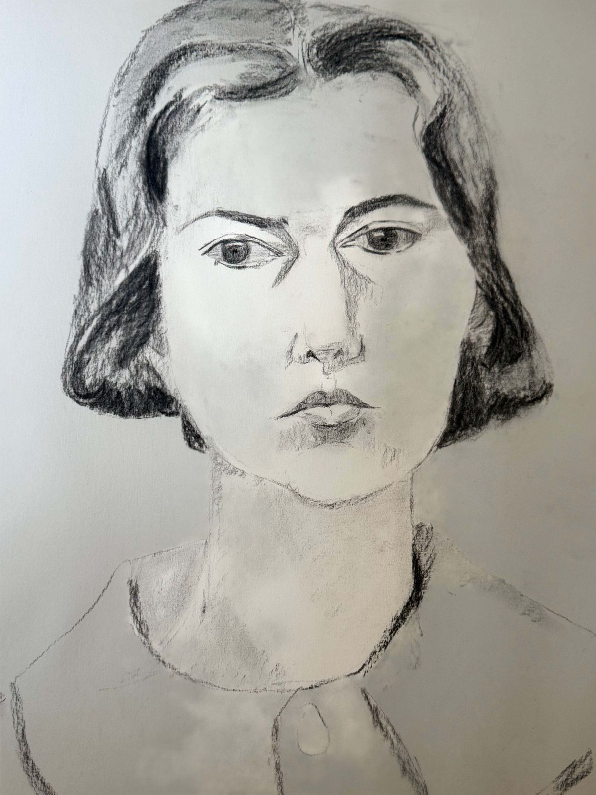 Étude de portrait féminin moderniste française, fusain et crayon, XXe siècle photo furniture