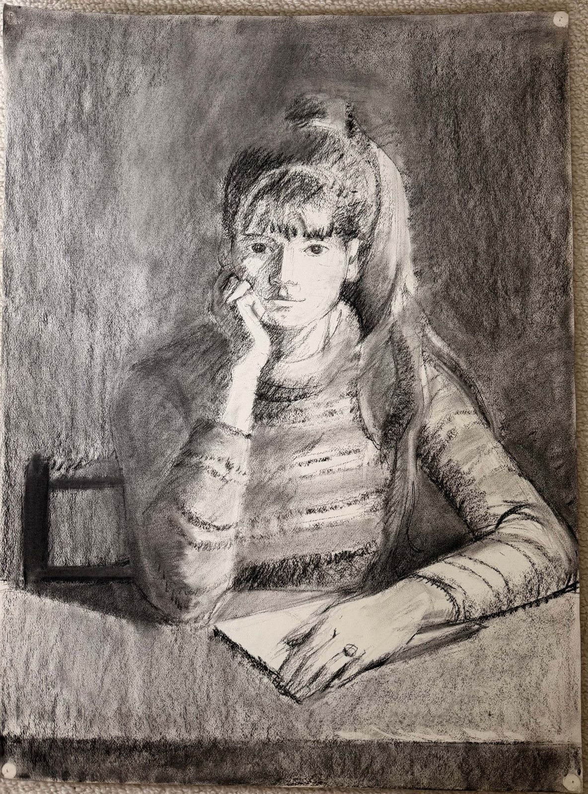 Seated Woman Resting Her Head On Her Hand French Modernist Portrait Drawing photo furniture