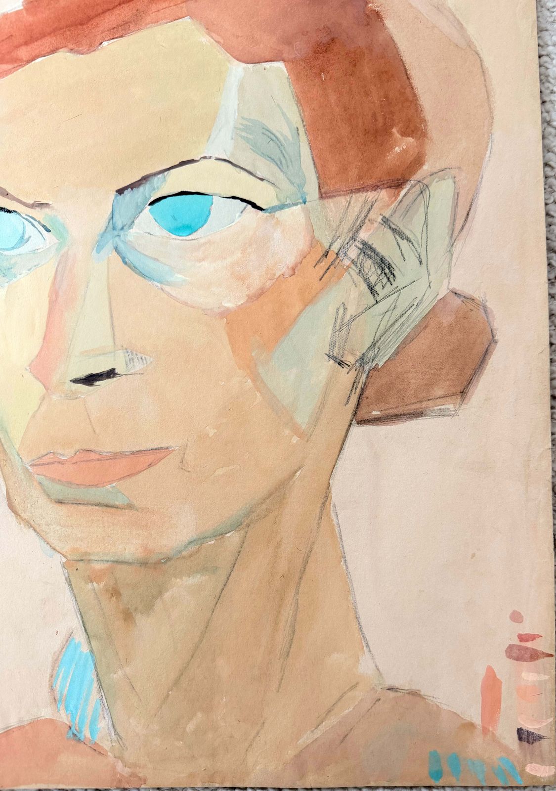 Portrait cubiste d'une femme aux yeux bleus, gouache moderniste française photo Art