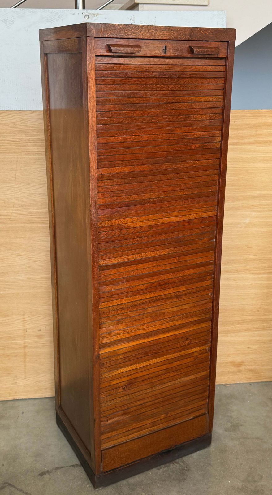 Antique Wooden Tambour Roll Front Filing Cabinet With Pull Out Document Trays photo Furniture