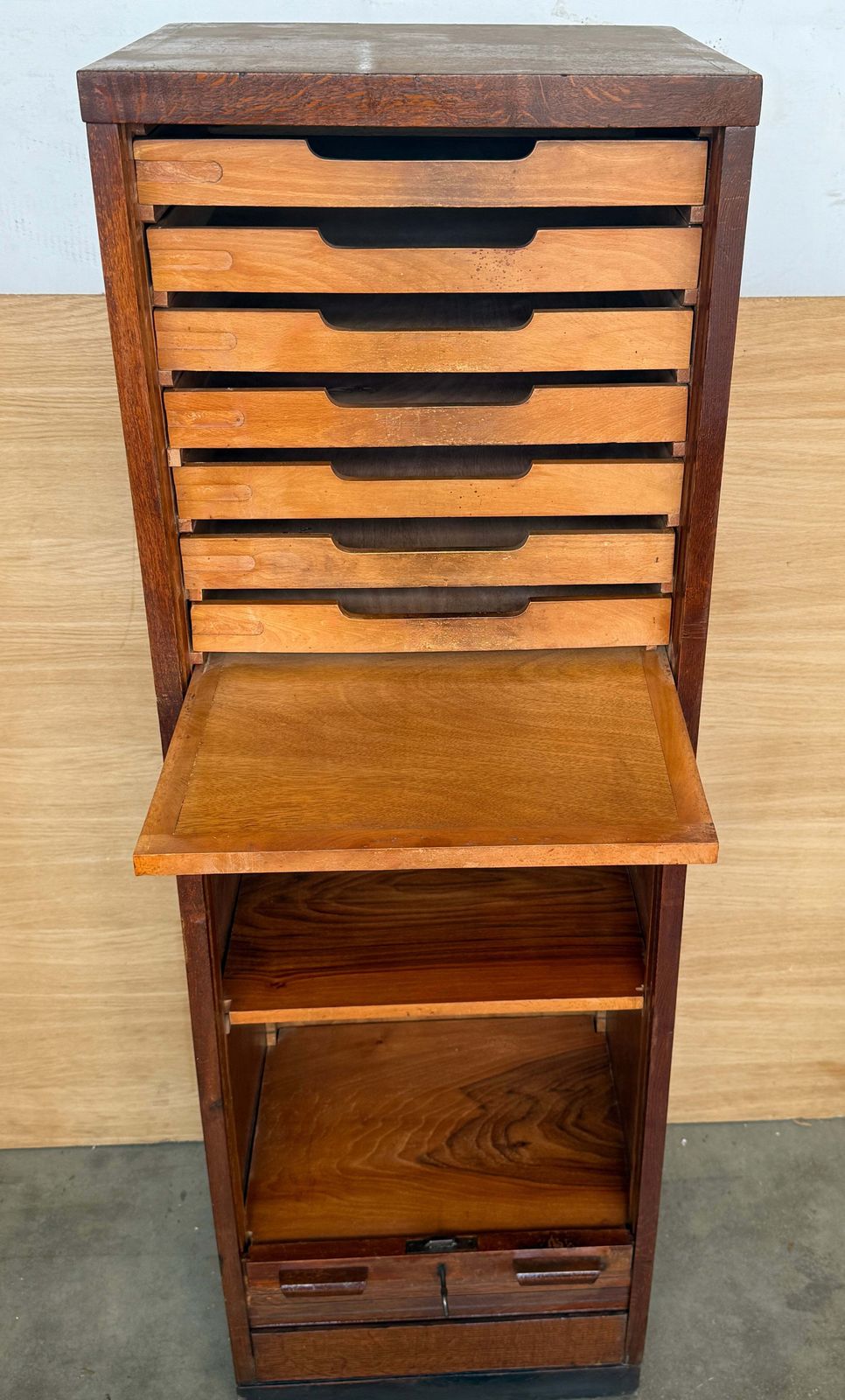 photo furniture Antique Wooden Tambour Roll Front Filing Cabinet With Pull Out Document Trays