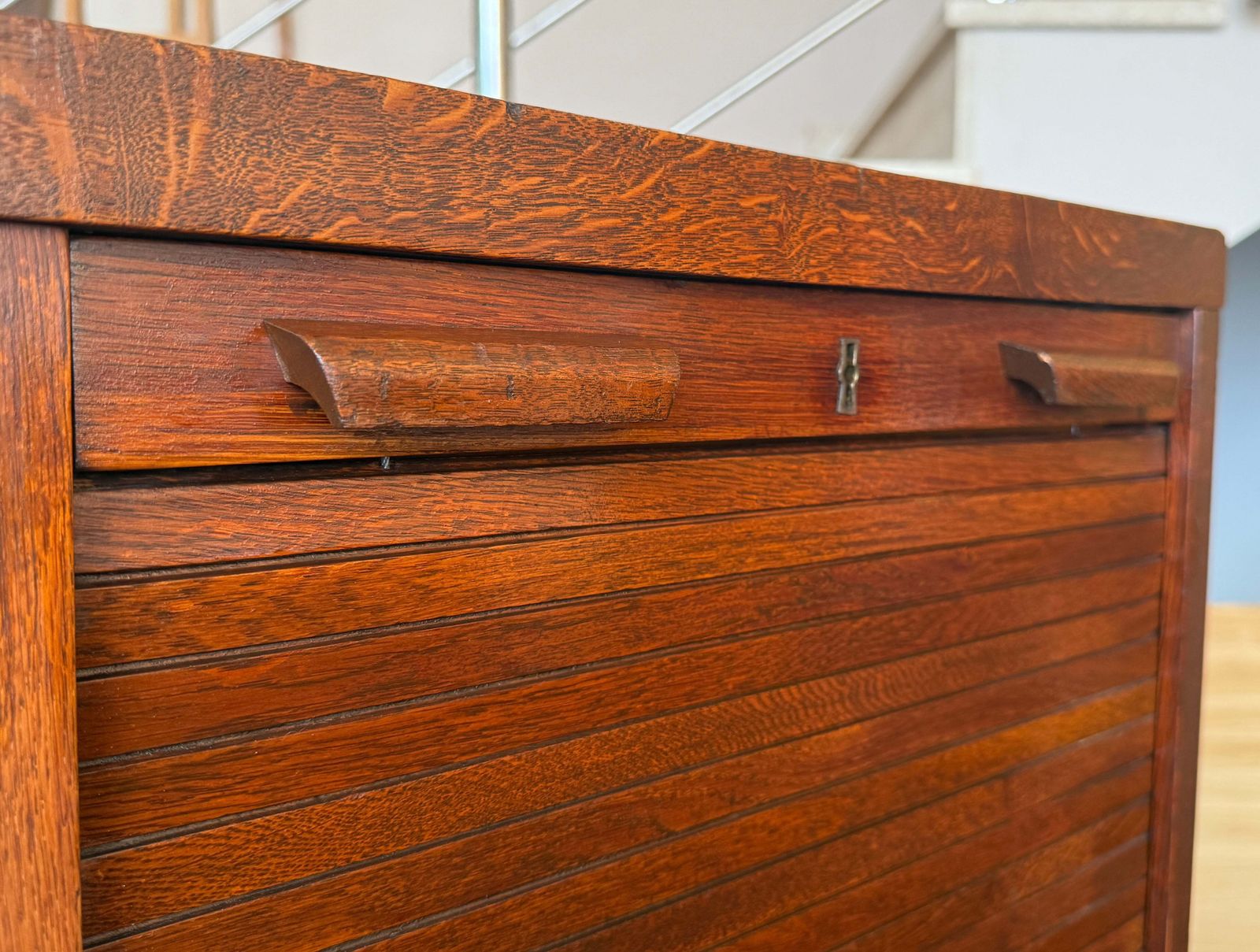 2539.0 Antique Wooden Tambour Roll Front Filing Cabinet With Pull Out Document Trays photo