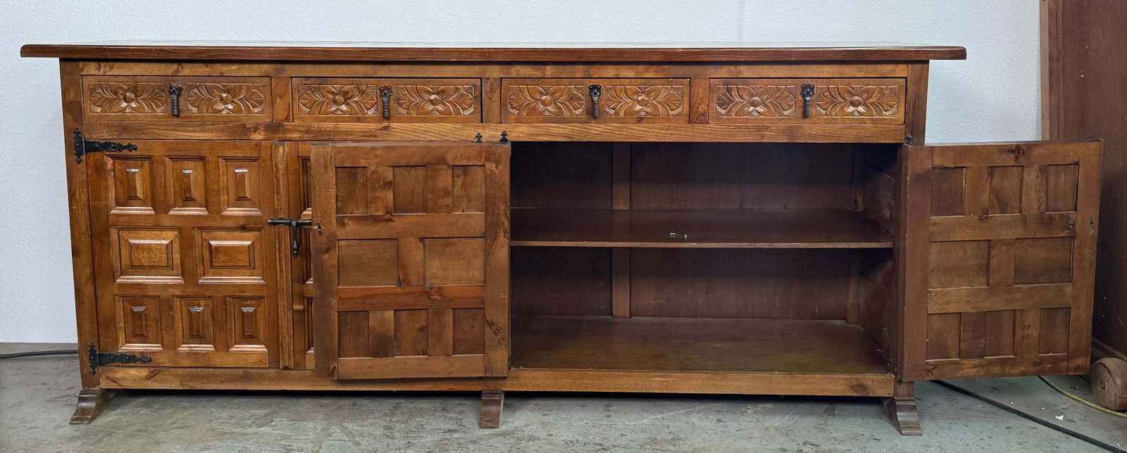 Spanish Rustic Carved Wood Sideboard With Hand Forged Iron Hardware, 20th photo vinterior