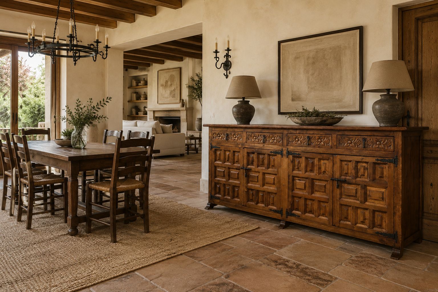 5859.0 Buffet espagnol rustique en bois sculpté avec ferrures forgées à la main, XXe siècle photo