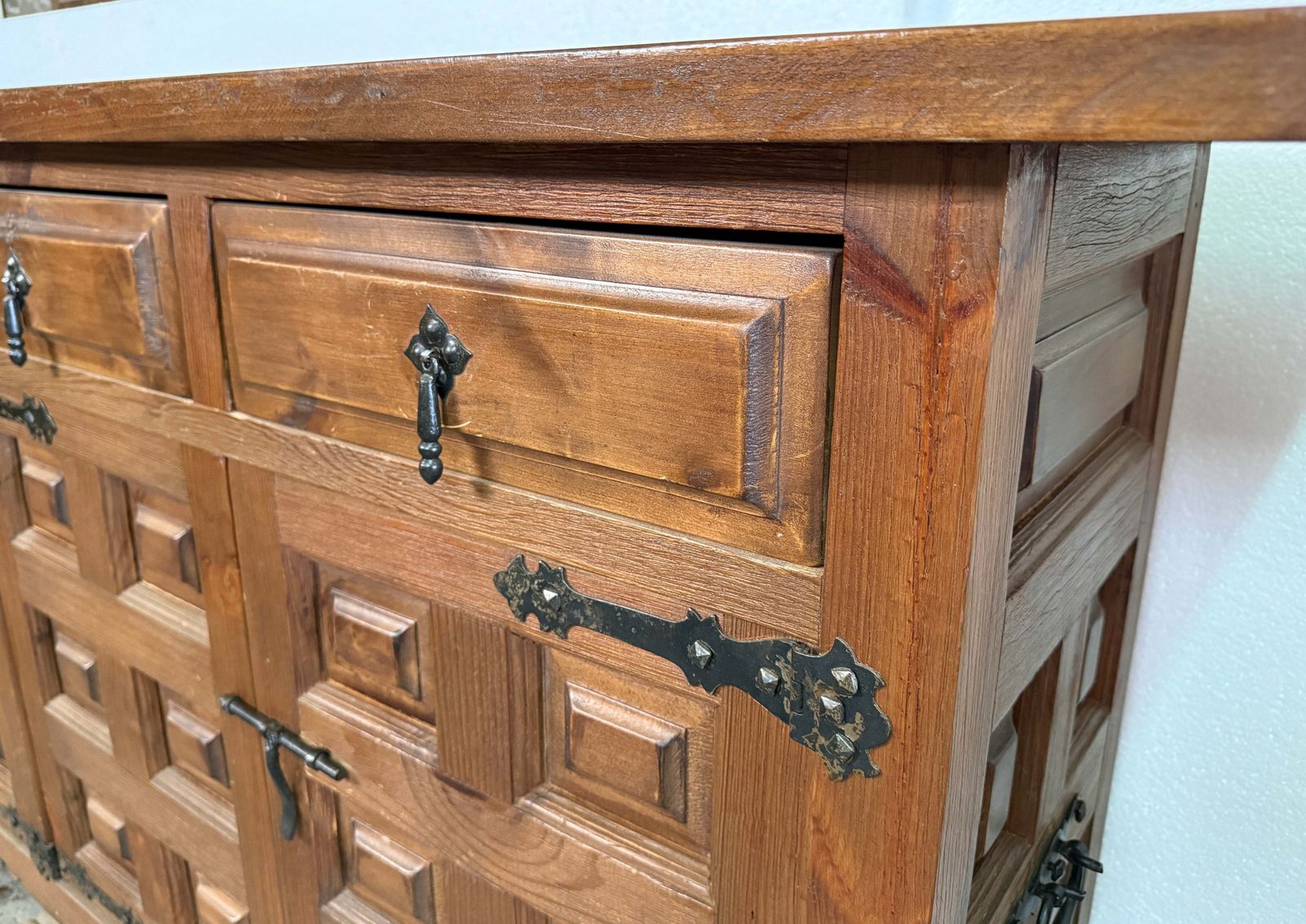 Spanish Rustic Carved Wood Sideboard Or Cabinet With Side Handles photo buy