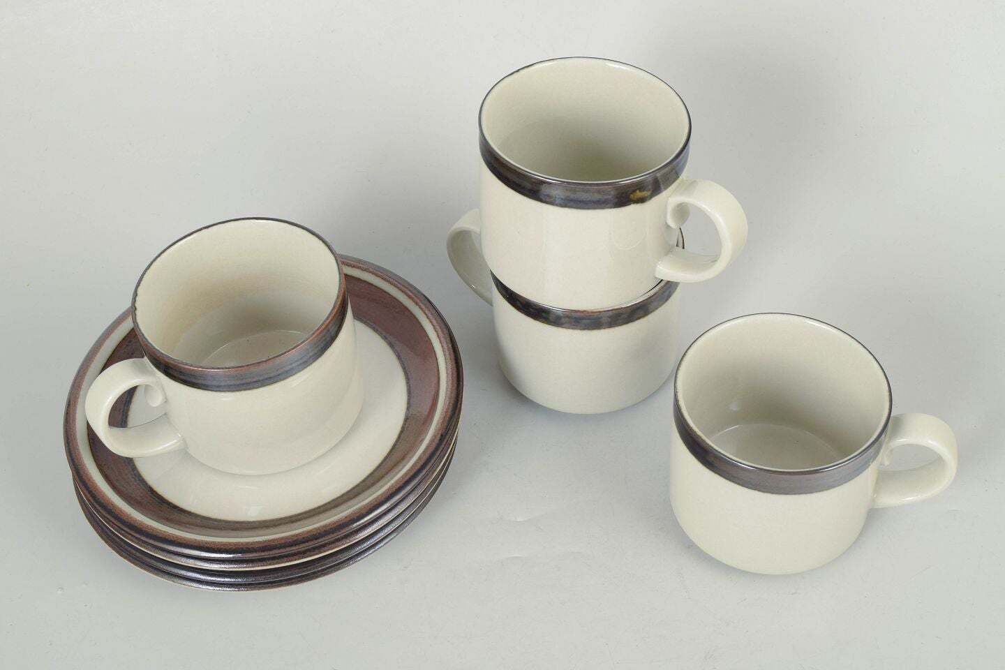 Arabia, Finland. Set Of Four Large "Karelia" Coffee Cups With Saucers. 1970s photo furniture
