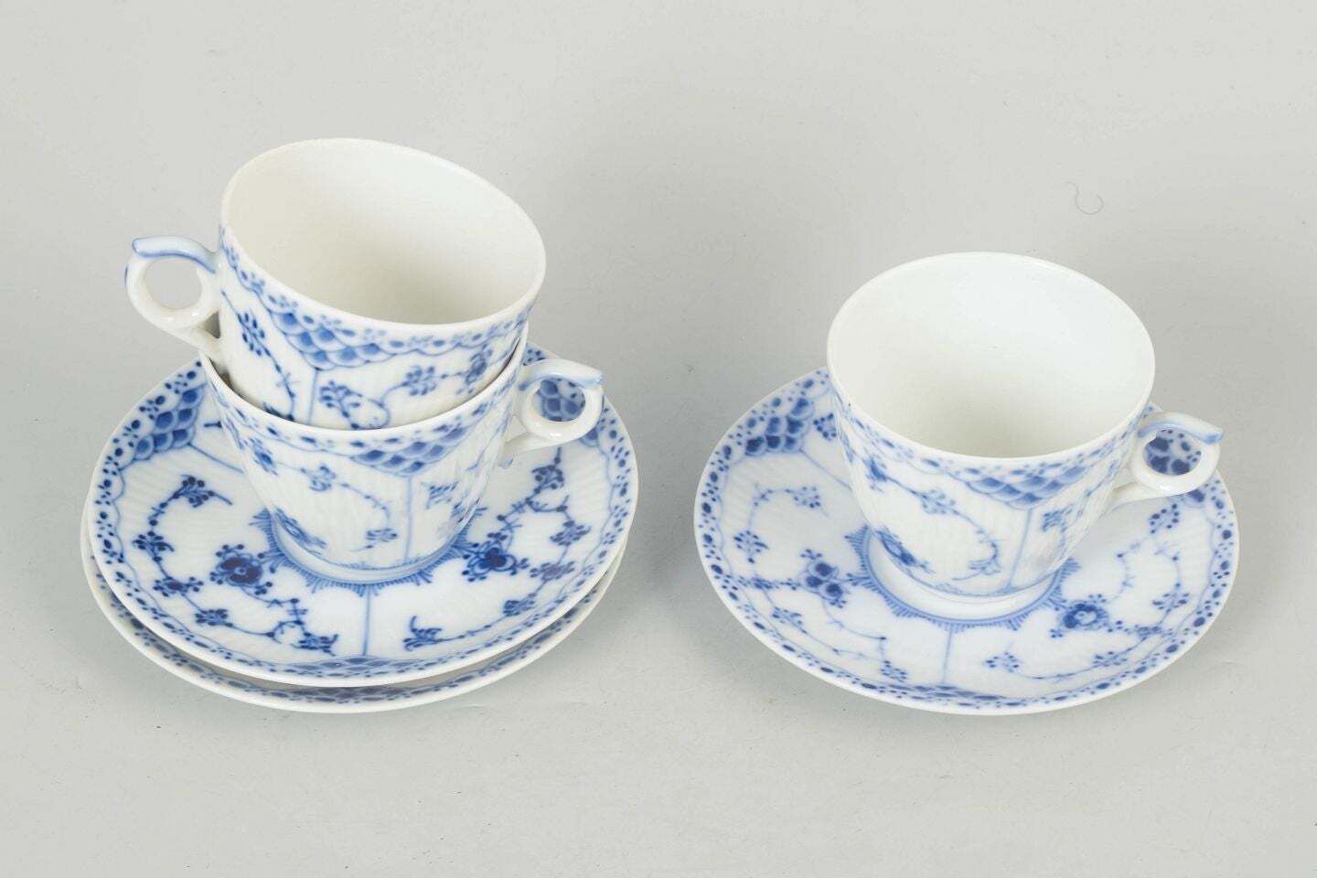 Royal Copenhagen, Blue Fluted Half Lace. Set Of Three Coffee Cups With Saucers. photo furniture