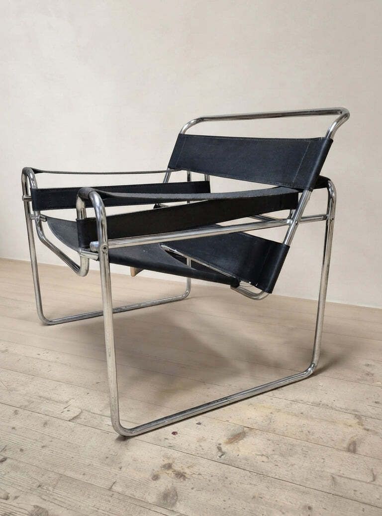 Vintage B3 Wassily Style Chair, Black Leather, Made In Italy, 1980s, 65 × 78 × 74 Cm photo furniture