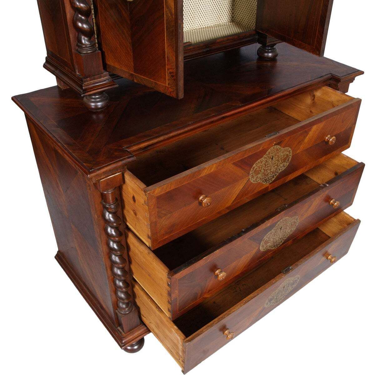 Cabinet baroque des Habsbourg sur commode en noyer, érable et incrustations d'argent, vers 1728 photo vintage