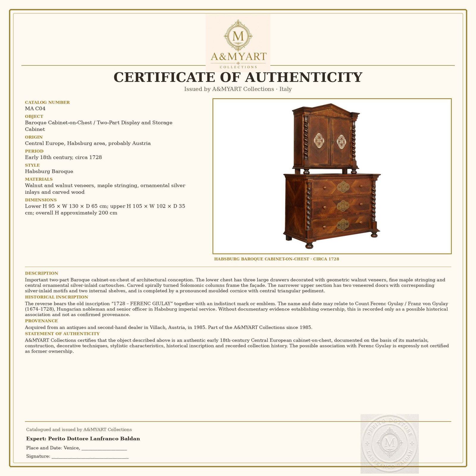 photo for sale Cabinet baroque des Habsbourg sur commode en noyer, érable et incrustations d'argent, vers 1728
