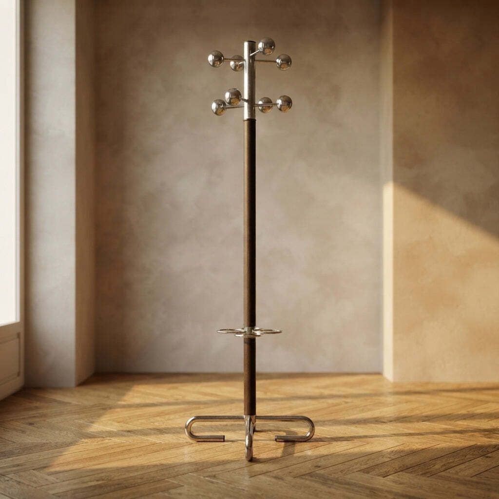 Vintage Coat Rack With Umbrella Stand, Chrome Plated Metal And Wood, Mid 20th Century, 42 X 175 Cm