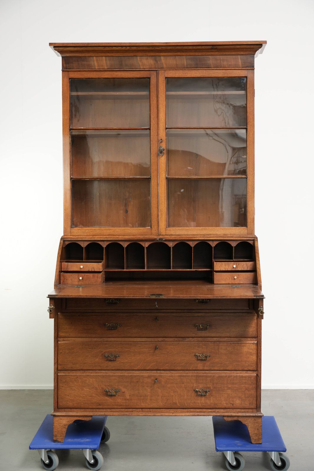 Very Nice Antique English Oak 18th Century Bookcase / Secretary With Rebellion And Original Glass photo for sale