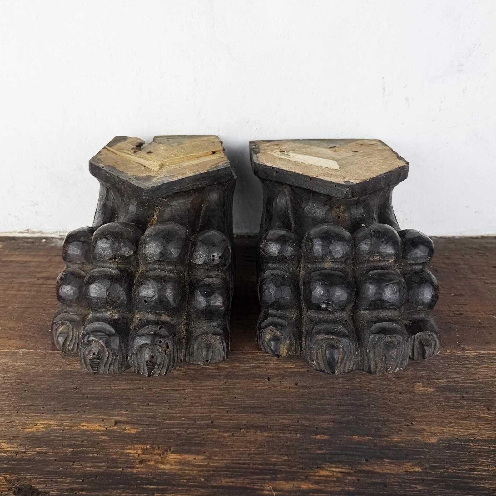 A Pair Of Antique Carved Wood Lion Paws, Large Italian Architectural Salvage Lion Feet photo for sale