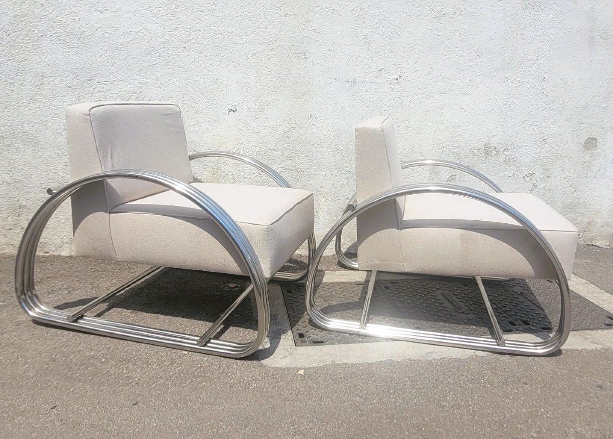Paire de grands fauteuils chromés d'après R. Lauren, XXe siècle photo for sale