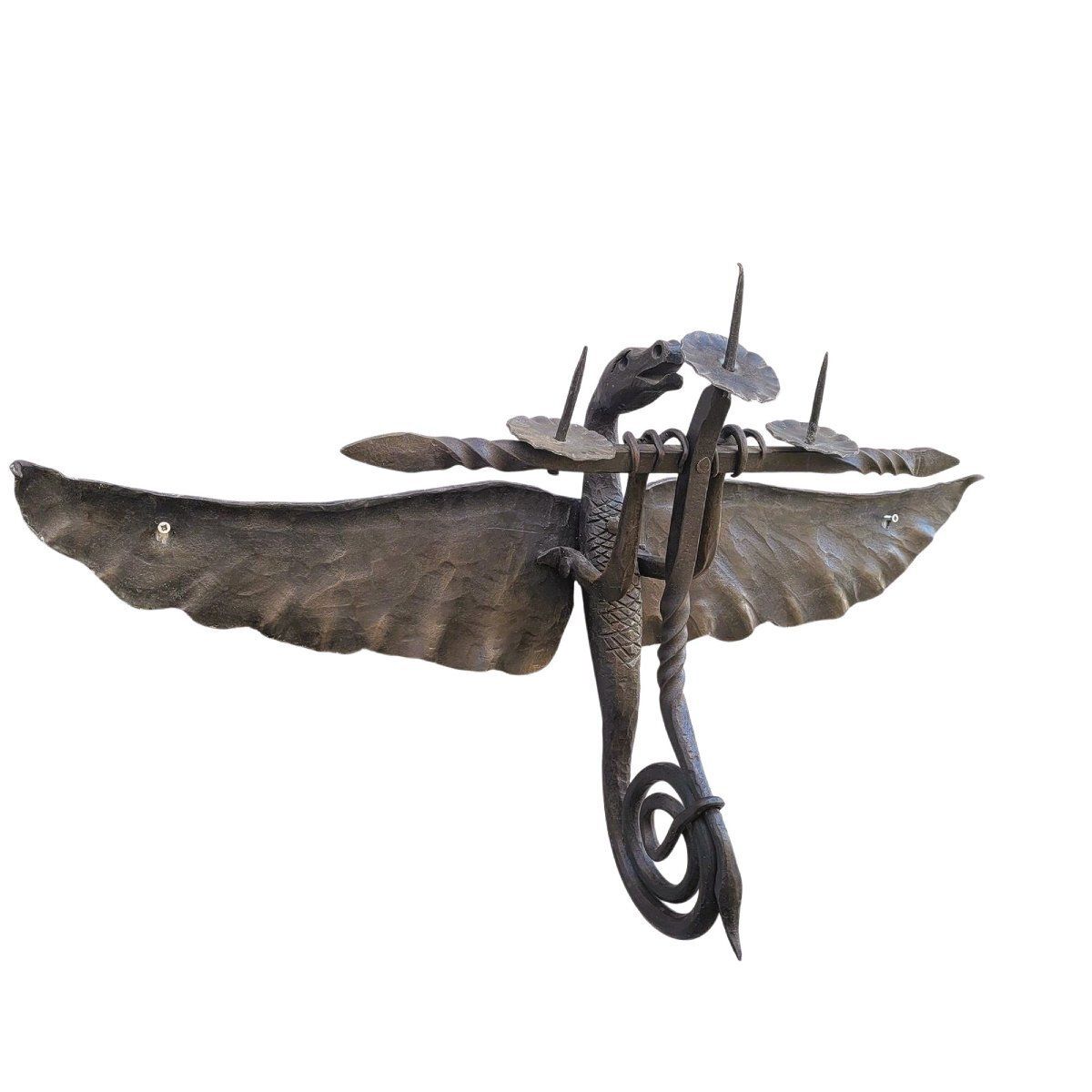 In The Mazzucotelli Style, 2 Wrought Iron Dragon Wall Sconces  Early 20th Century photo for sale