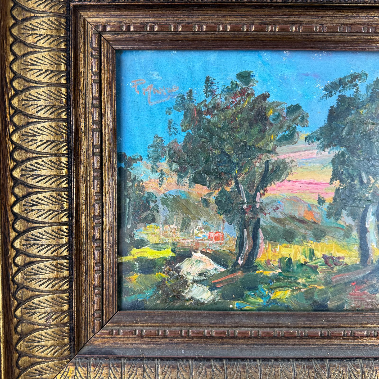 Antiek ingelijst impressionistisch Italiaans landschapsschilderij, olieverf op doek photo vinterior